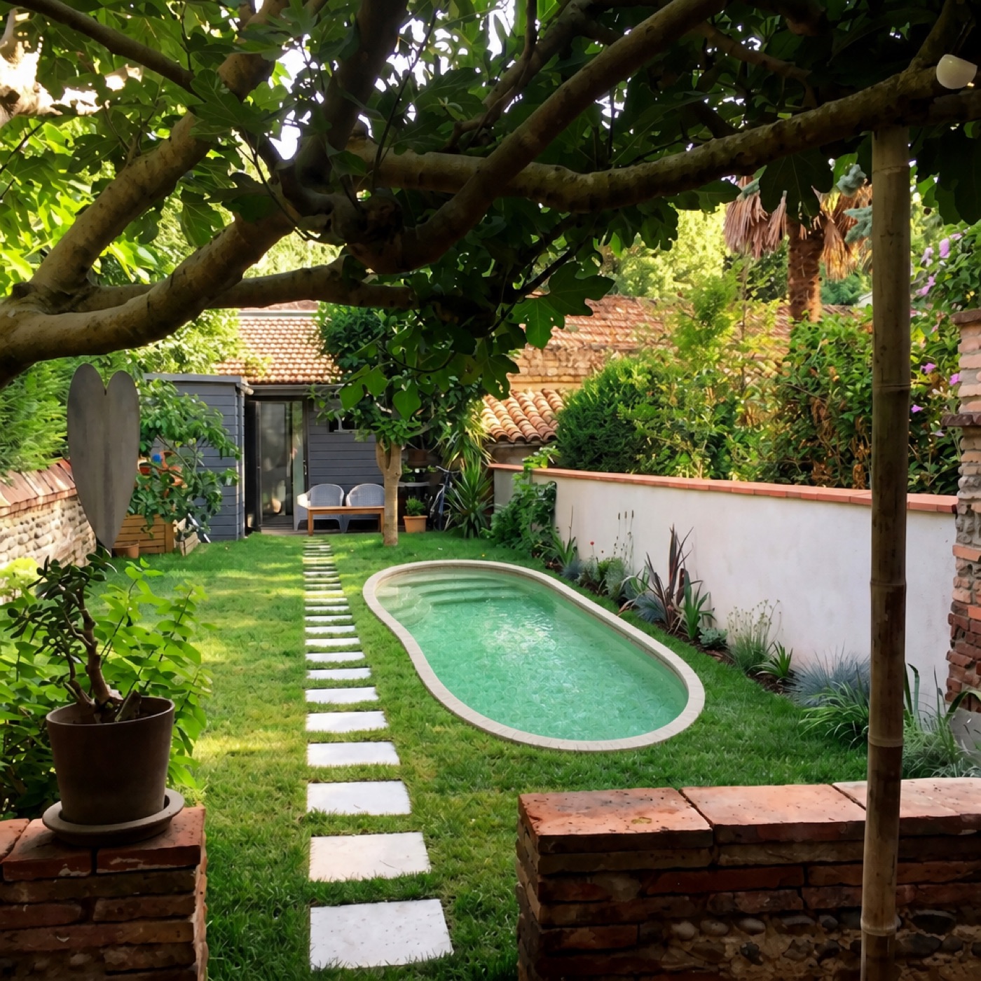 Piscine ovale finition sable projetée dans le jardin